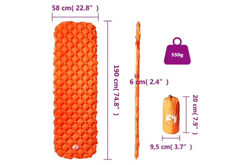 Vidaxl Inflating Camping Mattress 1-person Orange 190x58x6 Cm Vidaxl Inflating Camping Mattress 1-person Orange 190x58x6 Cm