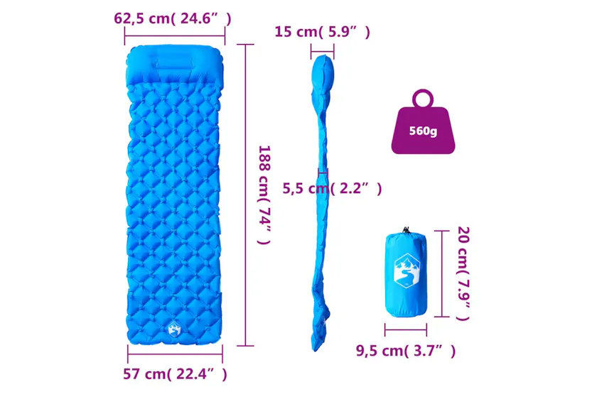 Vidaxl Inflating Camping Mattress With Pillow 1-person Blue Vidaxl Inflating Camping Mattress With Pillow 1-person Blue