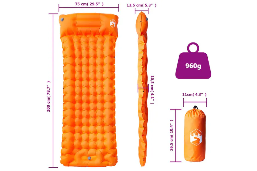 Vidaxl Self Inflating Camping Mattress With Pillow 1-person Orange Vidaxl Self Inflating Camping Mattress With Pillow 1-person Orange