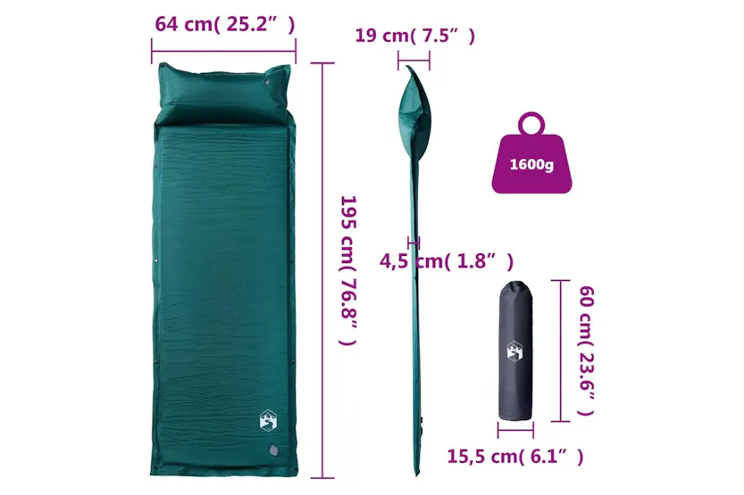 Vidaxl Self Inflating Camping Mattress With Pillow 1-person Green Vidaxl Self Inflating Camping Mattress With Pillow 1-person Green