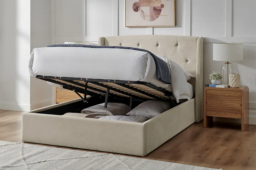 Emilia Winged Ottoman Bed Frame | Double | 4ft6 | Natural Emilia Winged Ottoman Bed Frame | Double | 4ft6 | Natural