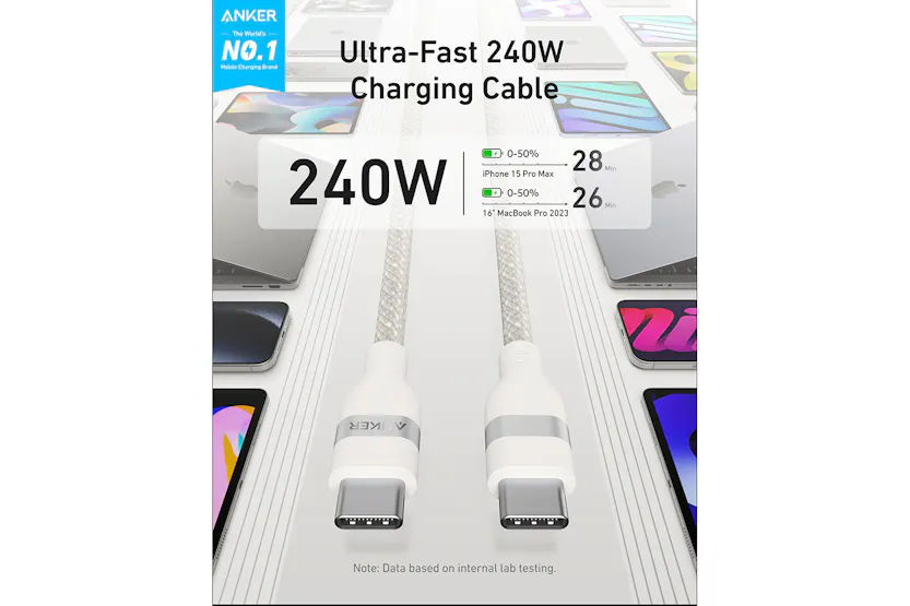 Anker 240W Upcycled-Braided USB-C to USB-C Cable | White Anker 240W Upcycled-Braided USB-C to USB-C Cable | White