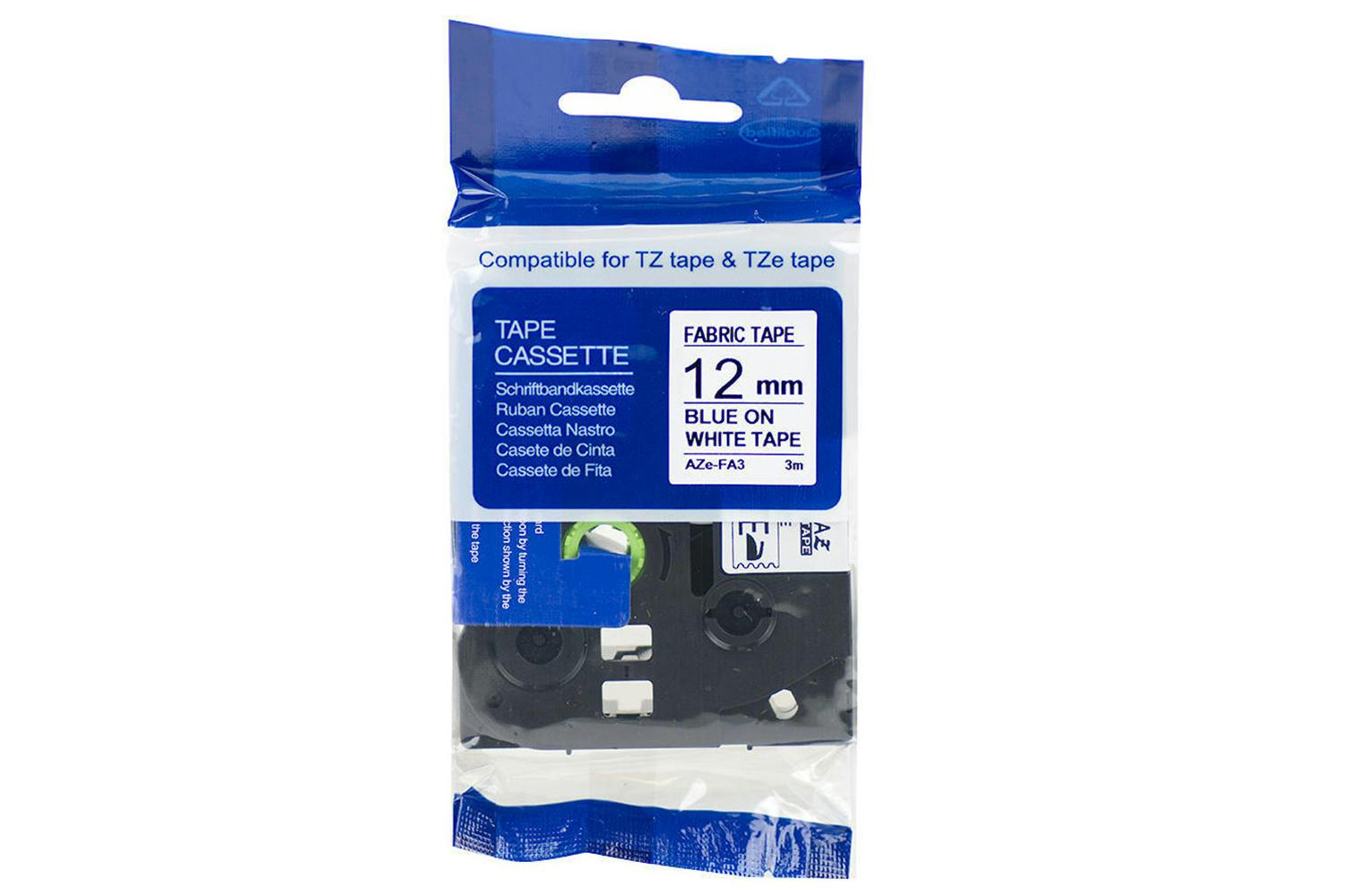 Brother Tze-FA3 Fabric Tape Cassette Blue On White 12mm