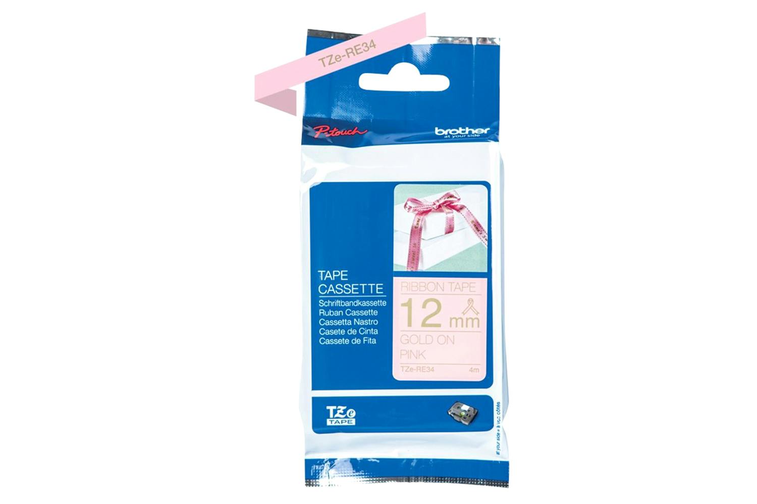 Brother TZe-RE34 12mm Ribbon Tape Cassette | Gold on Pink