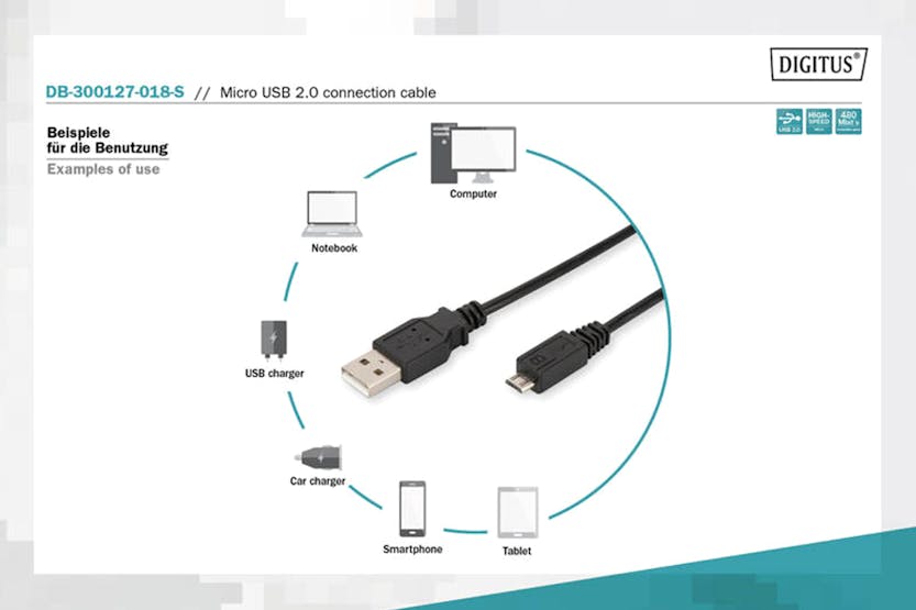 Digitus Premium USB 2.0 Connection USB-A to Micro-B Cable | 1.8m Digitus Premium USB 2.0 Connection USB-A to Micro-B Cable | 1.8m