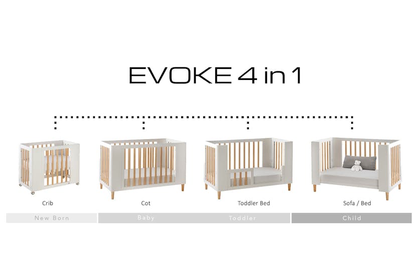 Cocoon Evoke 4 in 1 Crib, Cot Bed, Toddler Bed & Sofa | White/Natural Cocoon Evoke 4 in 1 Crib, Cot Bed, Toddler Bed & Sofa | White/Natural