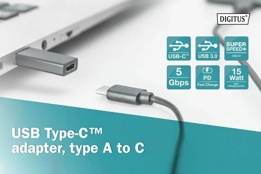 Digitus USB Type-A to Type-C Adaptor | Black Digitus USB Type-A to Type-C Adaptor | Black