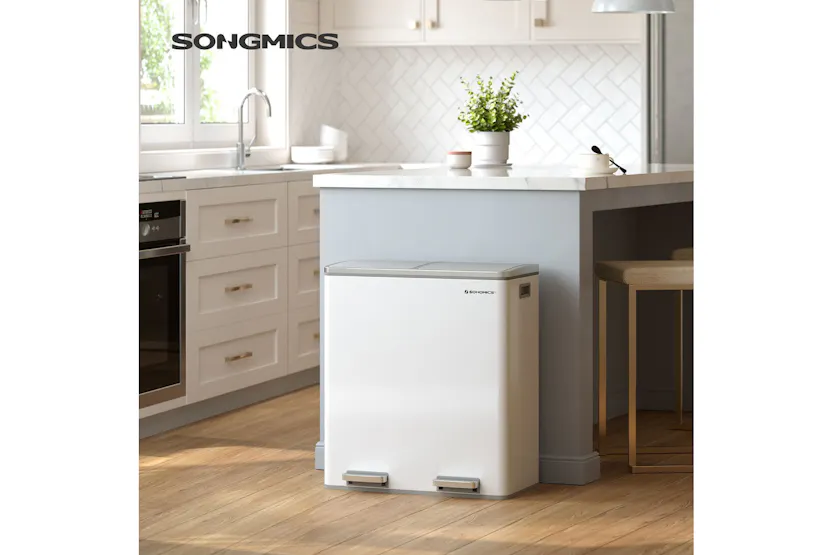 Songmics Trash Can with 2 Inner Buckets | White & Silver Songmics Trash Can with 2 Inner Buckets | White & Silver