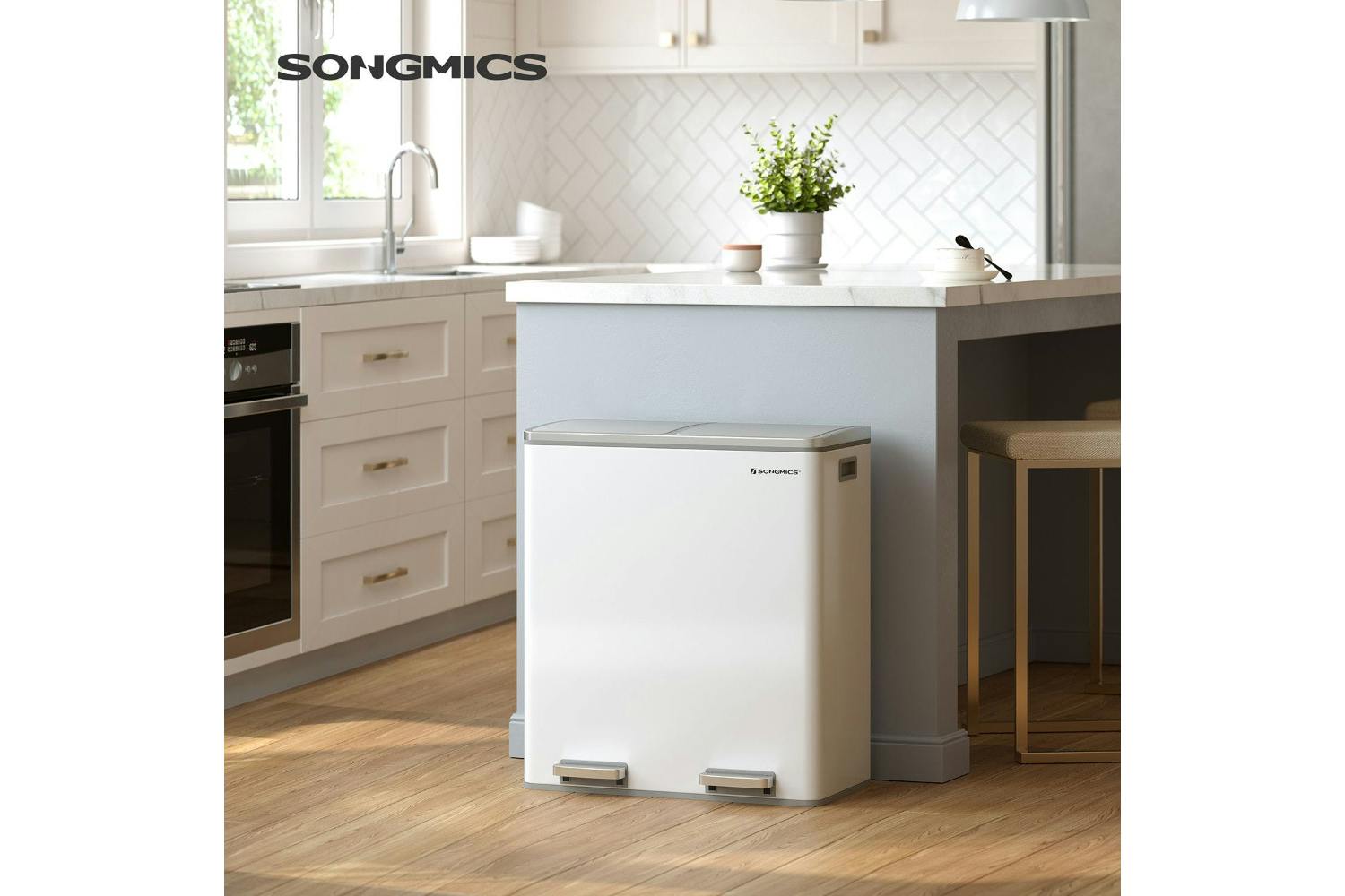 Songmics Trash Can with 2 Inner Buckets | White & Silver