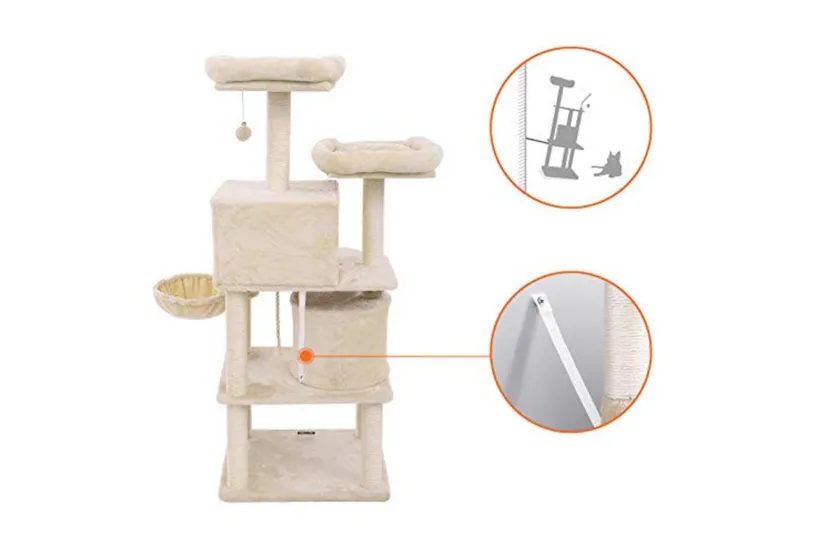 Feandrea PCT90M Scratching Post 2 Caves Cat Tree | Beige Feandrea PCT90M Scratching Post 2 Caves Cat Tree | Beige