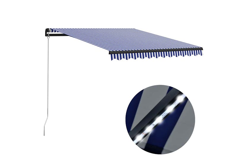 Vidaxl Manual Retractable Awning With Led 300x250 Cm Blue And White Vidaxl Manual Retractable Awning With Led 300x250 Cm Blue And White