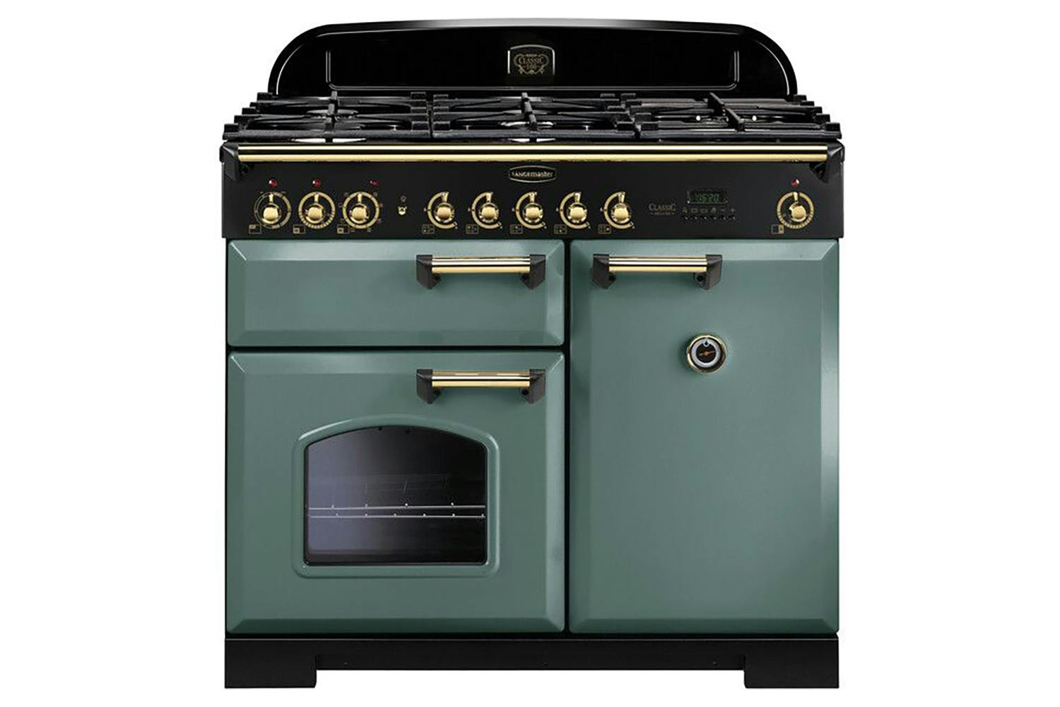 Rangemaster Classic Deluxe 100cm Dual Fuel Range Cooker with Brass Trim | CDL100DFFMG/B | Mineral Green