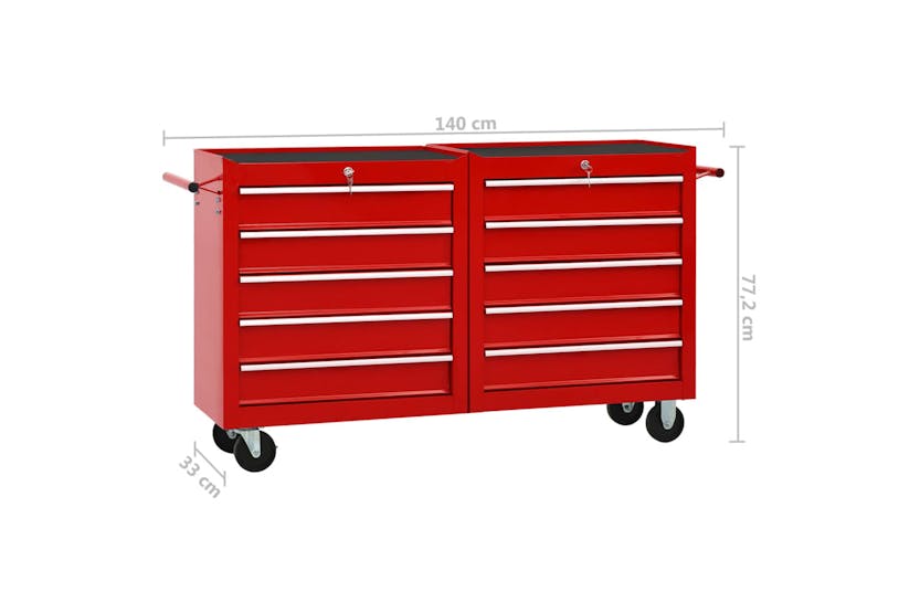 vidaXL 3056731 Tool Trolley With 10 Drawers Steel Red (147175+147176) vidaXL 3056731 Tool Trolley With 10 Drawers Steel Red (147175+147176)