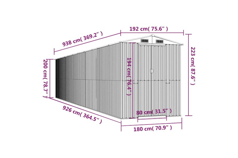 vidaXL 3147447 Garden Shed Light Grey 192x938x223cm Galvanised Steel vidaXL 3147447 Garden Shed Light Grey 192x938x223cm Galvanised Steel