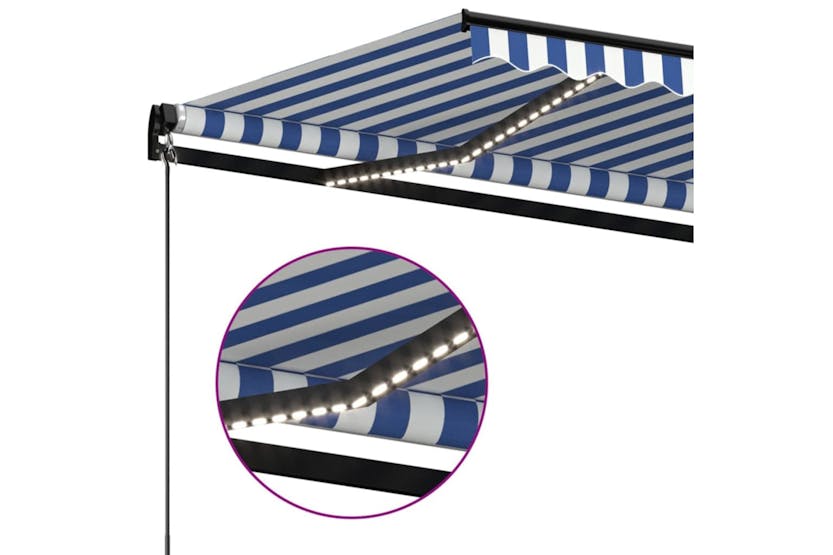 Vidaxl Manual Retractable Awning With Led 400x300 Cm Blue And White Vidaxl Manual Retractable Awning With Led 400x300 Cm Blue And White