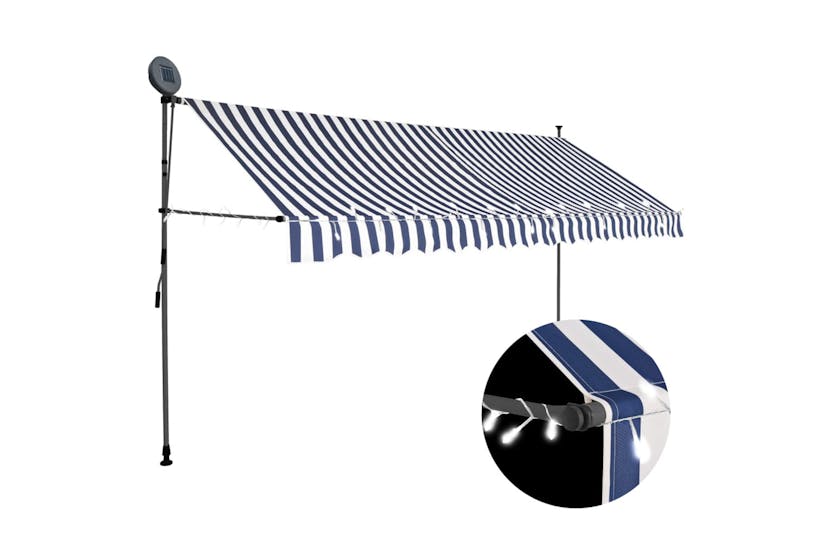 vidaXL 145846 Manual Retractable Awning With Led 350cm Blue And White vidaXL 145846 Manual Retractable Awning With Led 350cm Blue And White