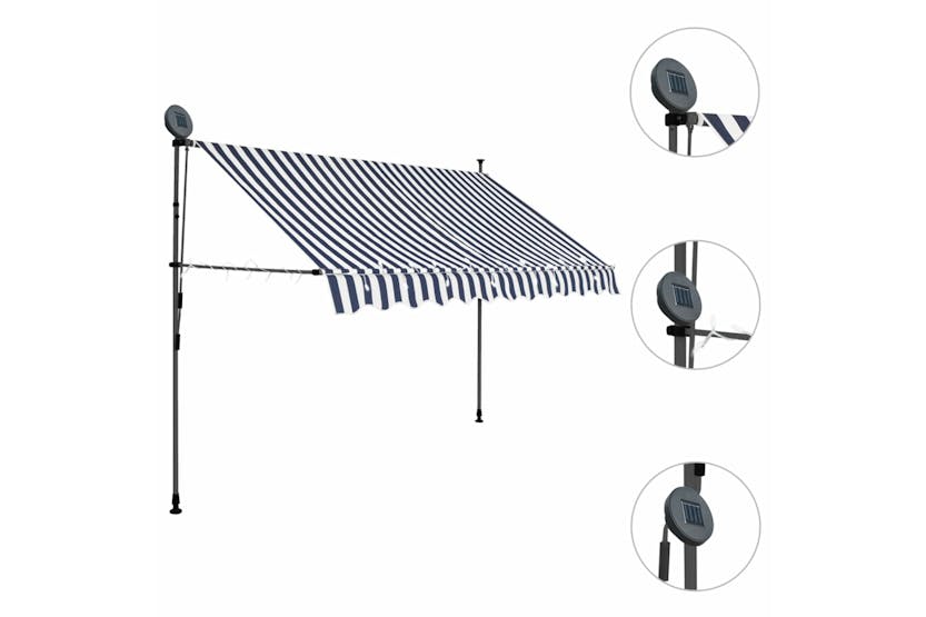 vidaXL 145844 Manual Retractable Awning With Led 250cm Blue And White vidaXL 145844 Manual Retractable Awning With Led 250cm Blue And White