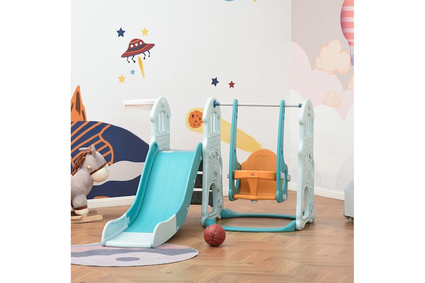 Homcom 331-007 3 in 1 Kid Slide and Swing Set Activity Center with Basketball | Blue/Orange Homcom 331-007 3 in 1 Kid Slide and Swing Set Activity Center with Basketball | Blue/Orange