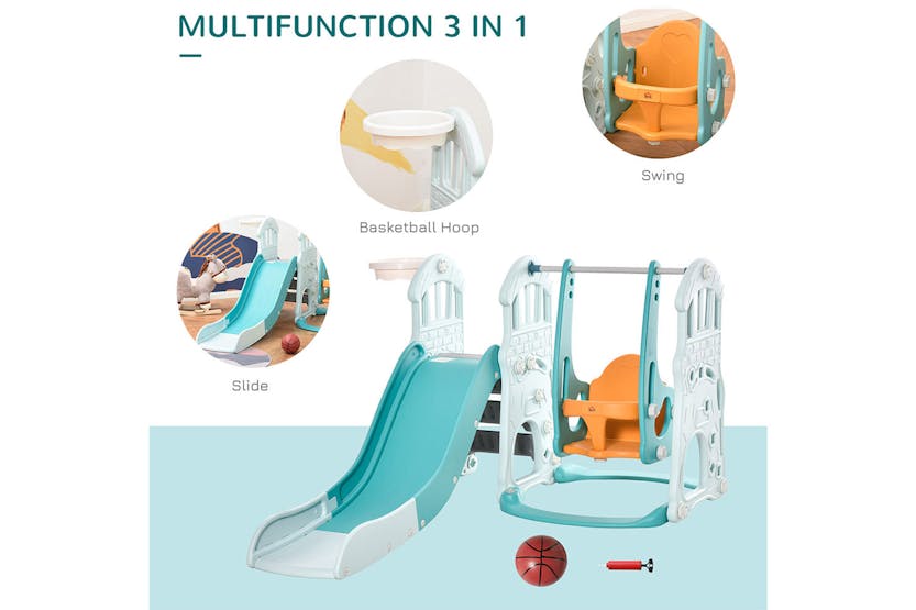 Homcom 331-007 3 in 1 Kid Slide and Swing Set Activity Center with Basketball | Blue/Orange Homcom 331-007 3 in 1 Kid Slide and Swing Set Activity Center with Basketball | Blue/Orange