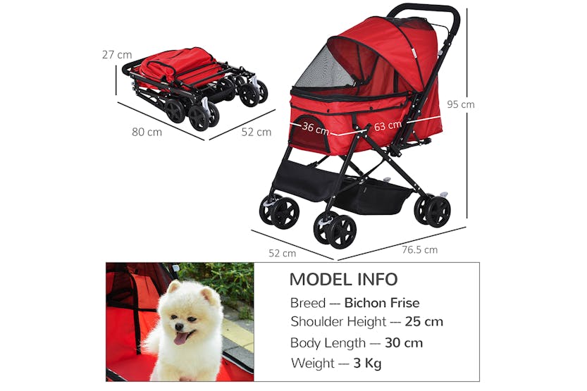 PawHut D00-126RD Foldable Travel Pet Stroller | Red PawHut D00-126RD Foldable Travel Pet Stroller | Red