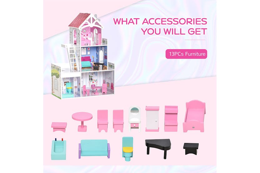 Homcom 350-108 Kids Wooden Doll House Playset | Pink Homcom 350-108 Kids Wooden Doll House Playset | Pink