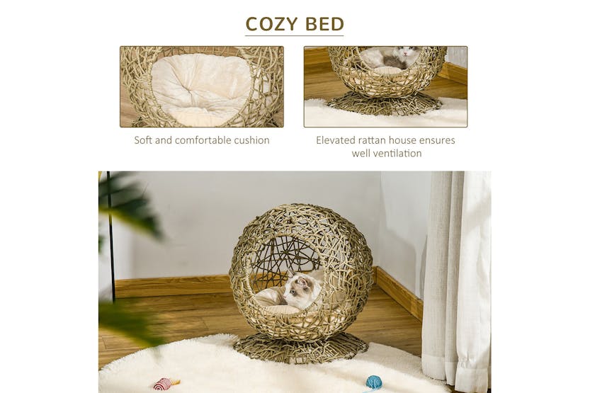 Pawhut D30-402 Wicker Cat Bed House with Soft Cushion | Brown Pawhut D30-402 Wicker Cat Bed House with Soft Cushion | Brown