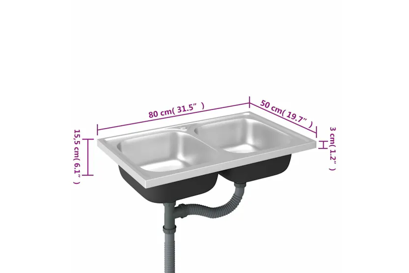 Vidaxl 147234 Kitchen Sink With Double Basins Silver 800x500x155 Mm Stainless Steel Vidaxl 147234 Kitchen Sink With Double Basins Silver 800x500x155 Mm Stainless Steel