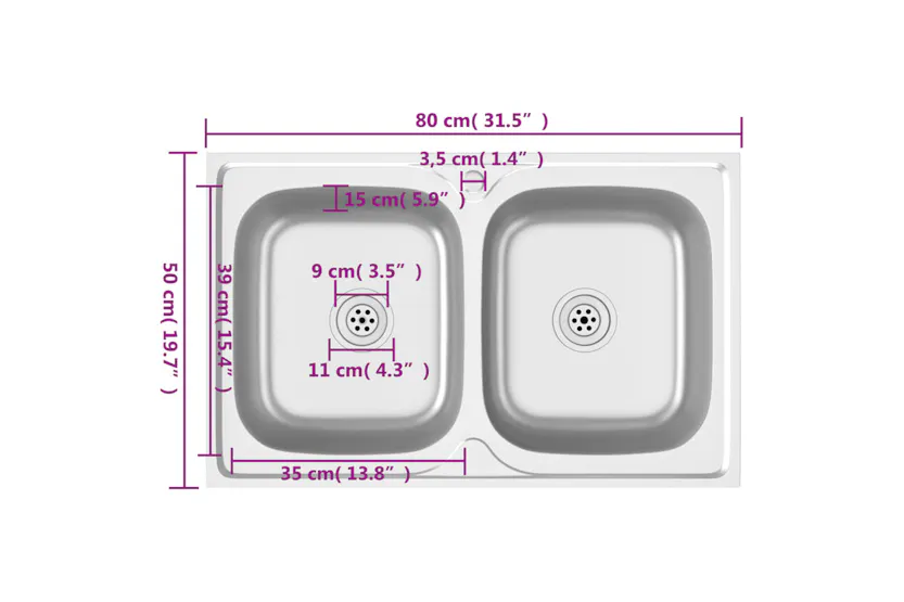 Vidaxl 147234 Kitchen Sink With Double Basins Silver 800x500x155 Mm Stainless Steel Vidaxl 147234 Kitchen Sink With Double Basins Silver 800x500x155 Mm Stainless Steel
