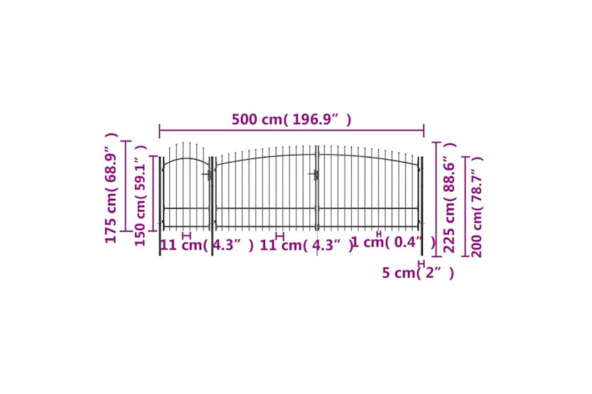 vidaXL 146325 Garden Fence Gate With Spear Top 5x2.25 M Black vidaXL 146325 Garden Fence Gate With Spear Top 5x2.25 M Black