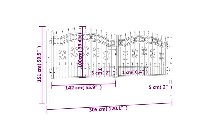 vidaXL 151095 Fence Gate With Spear Top Black 305x151cm Powder-coated Steel vidaXL 151095 Fence Gate With Spear Top Black 305x151cm Powder-coated Steel