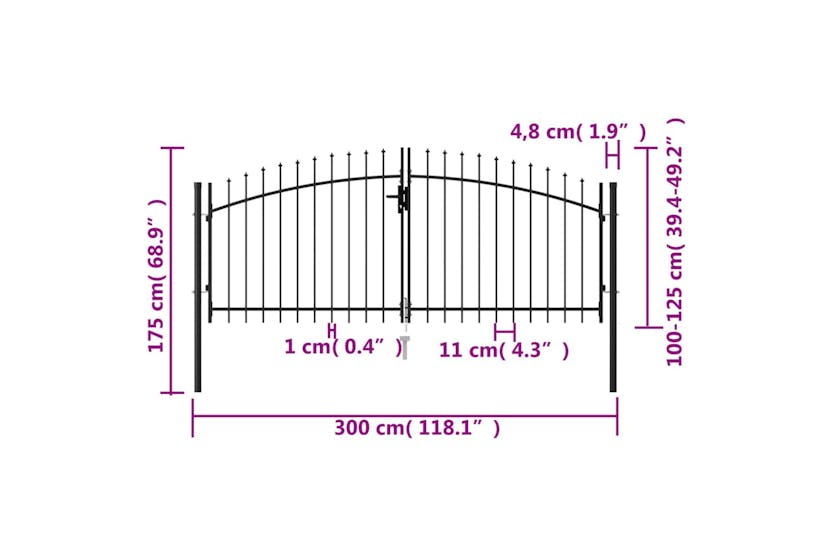 vidaXL 146027 Fence Gate Double Door With Spike Top Steel 3x1.25 M Black vidaXL 146027 Fence Gate Double Door With Spike Top Steel 3x1.25 M Black