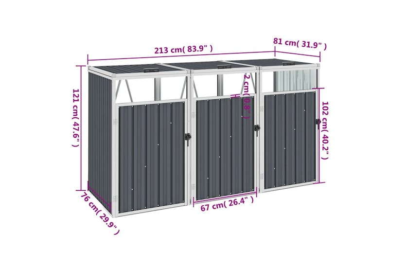 vidaXL Triple Garbage Bin Shed Grey 213x81x121cm Steel vidaXL Triple Garbage Bin Shed Grey 213x81x121cm Steel