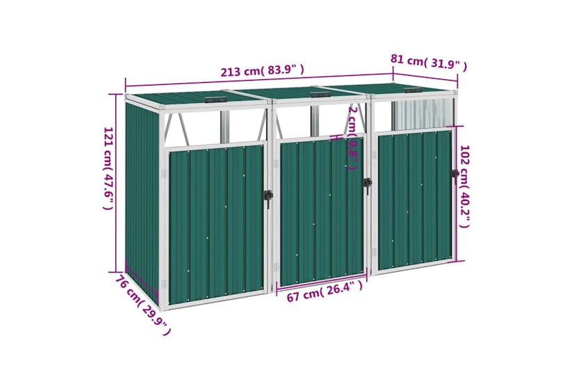 vidaXL Triple Garbage Bin Shed Green 213x81x121cm Steel vidaXL Triple Garbage Bin Shed Green 213x81x121cm Steel