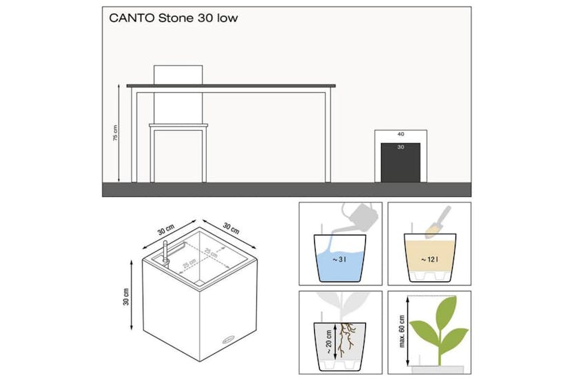 Lechuza Planter Canto Stone 30 Low All-in-one Graphite Black Lechuza Planter Canto Stone 30 Low All-in-one Graphite Black