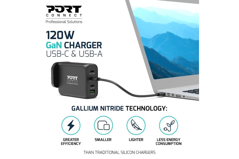 Port Designs 120W 4 Port GaN Wall Charger & UK USB-C Cable | 2m Port Designs 120W 4 Port GaN Wall Charger & UK USB-C Cable | 2m