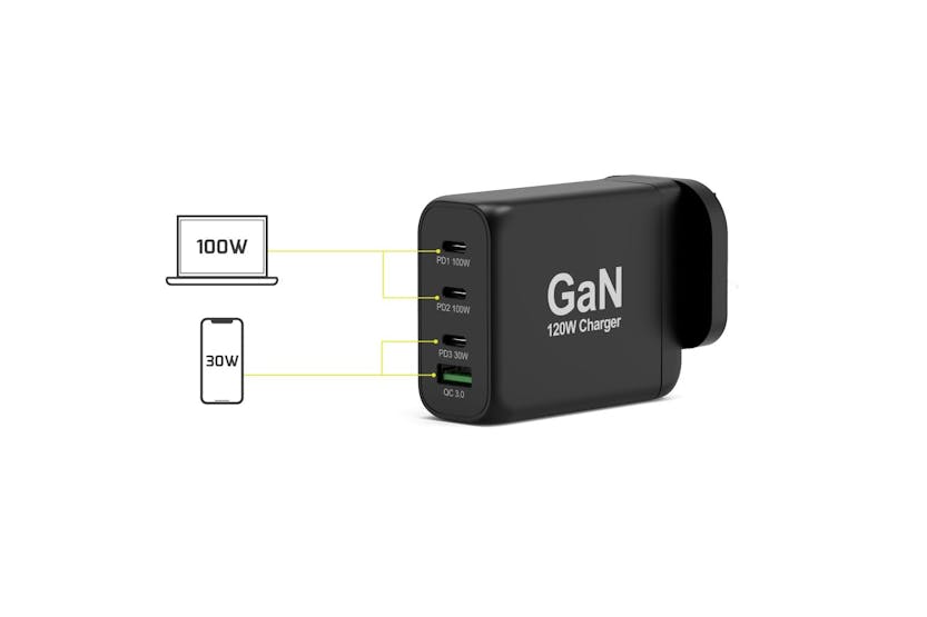 Port Designs 120W 4 Port GaN Wall Charger & UK USB-C Cable | 2m Port Designs 120W 4 Port GaN Wall Charger & UK USB-C Cable | 2m