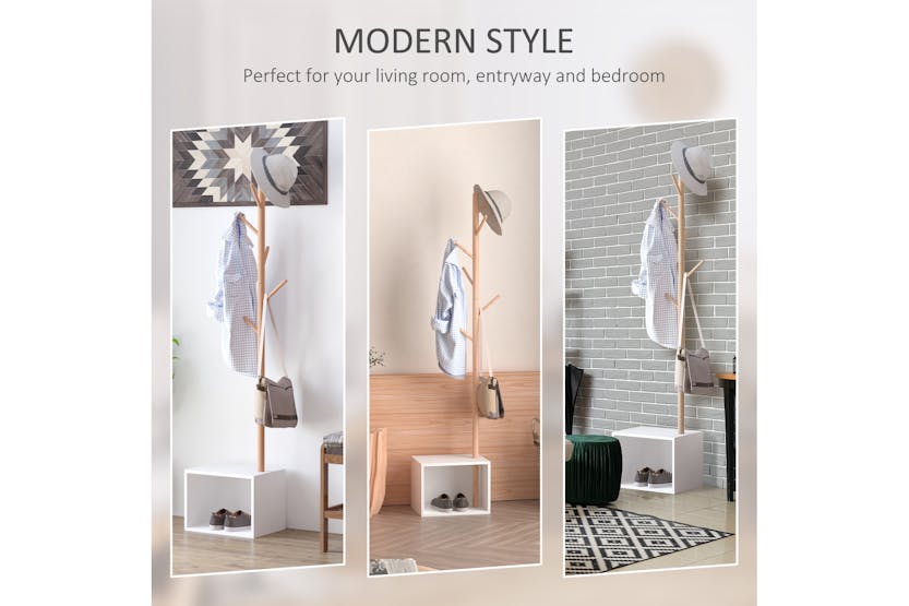 Homcom Coat Rack Storage Bench | White/Natural Wood Homcom Coat Rack Storage Bench | White/Natural Wood
