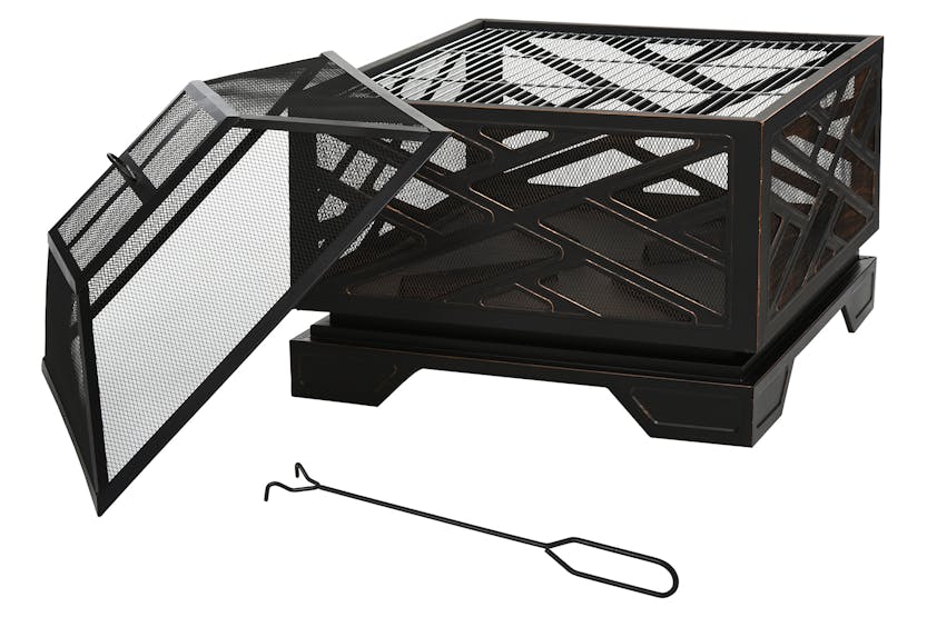 Outsunny Outdoor Metal Square Fire Pit with Grill Cooking Grate Poker | Black Outsunny Outdoor Metal Square Fire Pit with Grill Cooking Grate Poker | Black