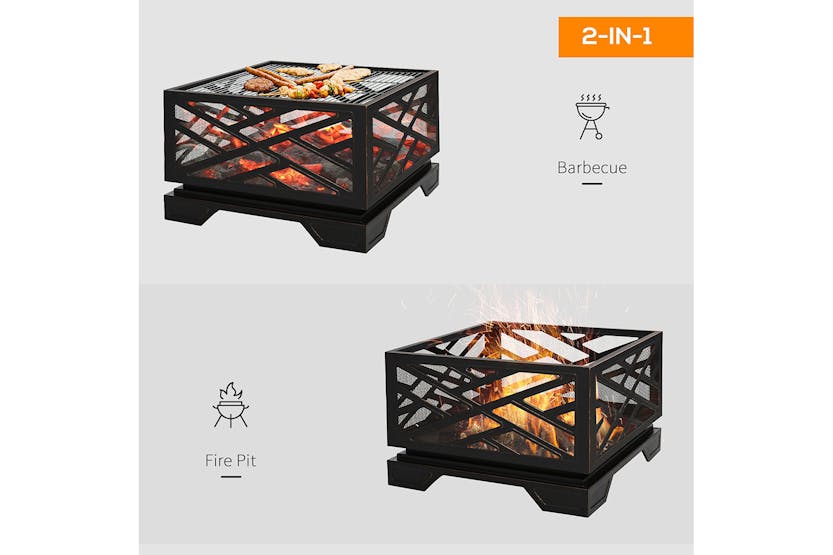 Outsunny Outdoor Metal Square Fire Pit with Grill Cooking Grate Poker | Black Outsunny Outdoor Metal Square Fire Pit with Grill Cooking Grate Poker | Black