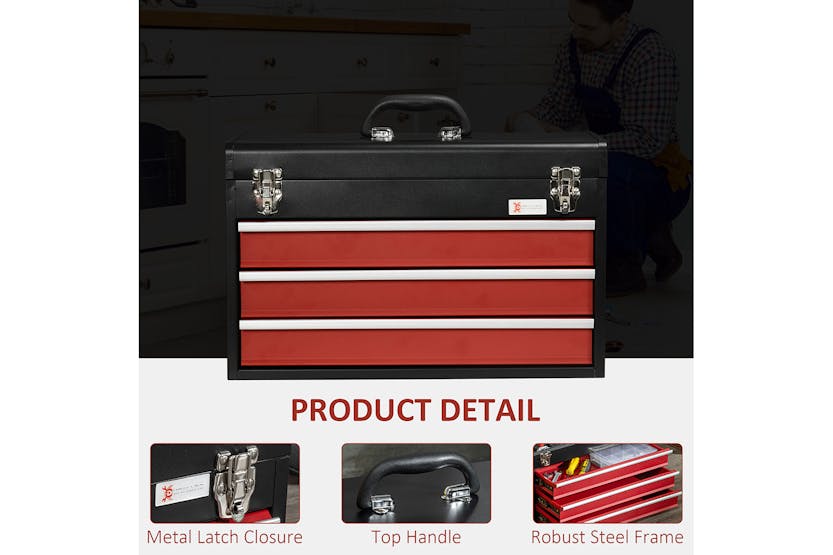 Durhand 3 Drawer Lockable Metal Tool Box with Ball Bearing | Black/Red Durhand 3 Drawer Lockable Metal Tool Box with Ball Bearing | Black/Red