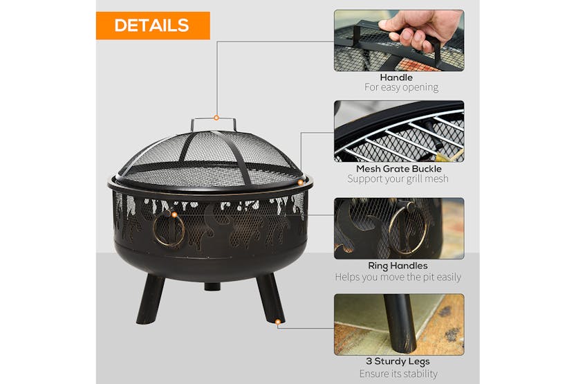 Outsunny Fire Pit with Grill Cooking Grate Poker | Black Outsunny Fire Pit with Grill Cooking Grate Poker | Black