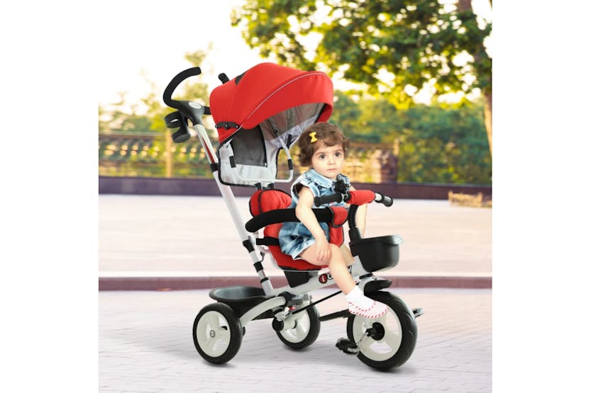 Homcom Folding Stroller Kids 4-in-1 Baby Tricycle with Canopy | Red Homcom Folding Stroller Kids 4-in-1 Baby Tricycle with Canopy | Red