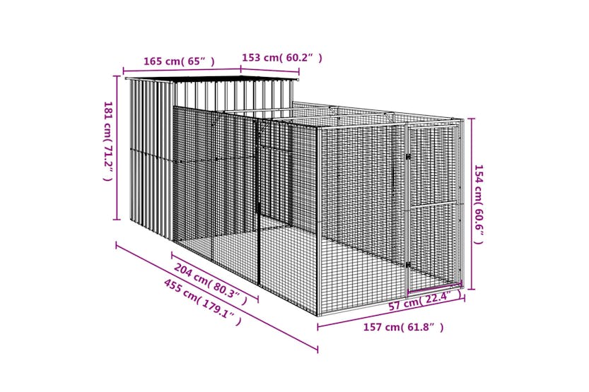 vidaXL 3189099 Dog House With Run Anthracite 165x455x181cm Galvanised Steel vidaXL 3189099 Dog House With Run Anthracite 165x455x181cm Galvanised Steel