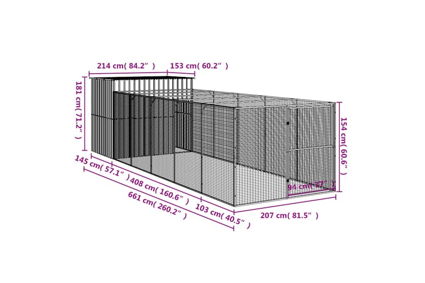 vidaXL 3189127 Dog House With Run Light Grey 214x661x181cm Galvanised Steel vidaXL 3189127 Dog House With Run Light Grey 214x661x181cm Galvanised Steel