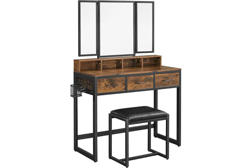Vasagle Vanity Table Mirror and Stool with Tri-Fold Mirror | Rustic Brown/Black Vasagle Vanity Table Mirror and Stool with Tri-Fold Mirror | Rustic Brown/Black