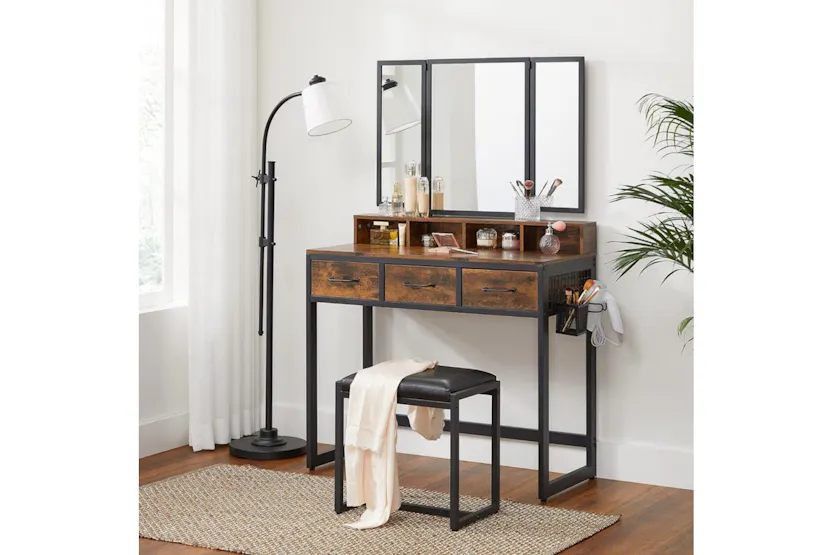 Vasagle Vanity Table Mirror and Stool with Tri-Fold Mirror | Rustic Brown/Black Vasagle Vanity Table Mirror and Stool with Tri-Fold Mirror | Rustic Brown/Black
