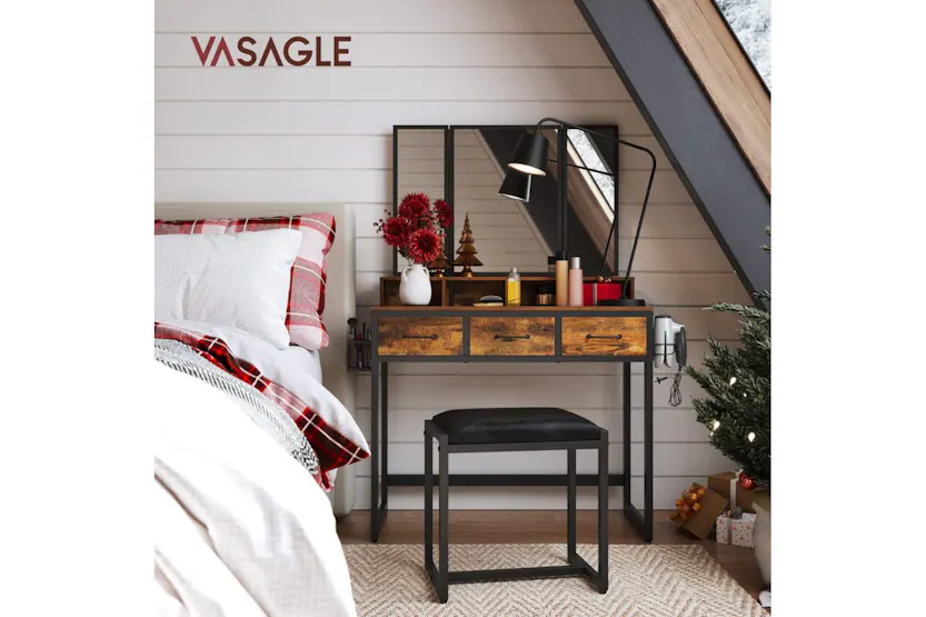 Vasagle Vanity Table Mirror and Stool with Tri-Fold Mirror | Rustic Brown/Black Vasagle Vanity Table Mirror and Stool with Tri-Fold Mirror | Rustic Brown/Black