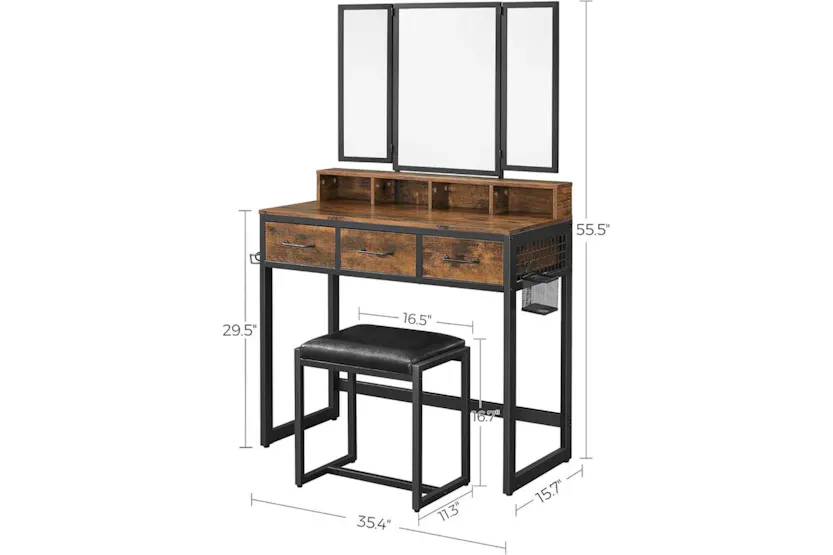 Vasagle Vanity Table Mirror and Stool with Tri-Fold Mirror | Rustic Brown/Black Vasagle Vanity Table Mirror and Stool with Tri-Fold Mirror | Rustic Brown/Black