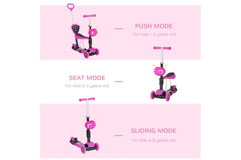 Homcom 3 in 1 Kids Kick Scooter with Removable Seat | Pink Homcom 3 in 1 Kids Kick Scooter with Removable Seat | Pink
