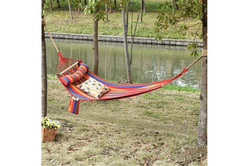 Outsunny Soft Cotton Portable Swing Hammock Chair with Headrest & Side Pocket | Rainbow Outsunny Soft Cotton Portable Swing Hammock Chair with Headrest & Side Pocket | Rainbow